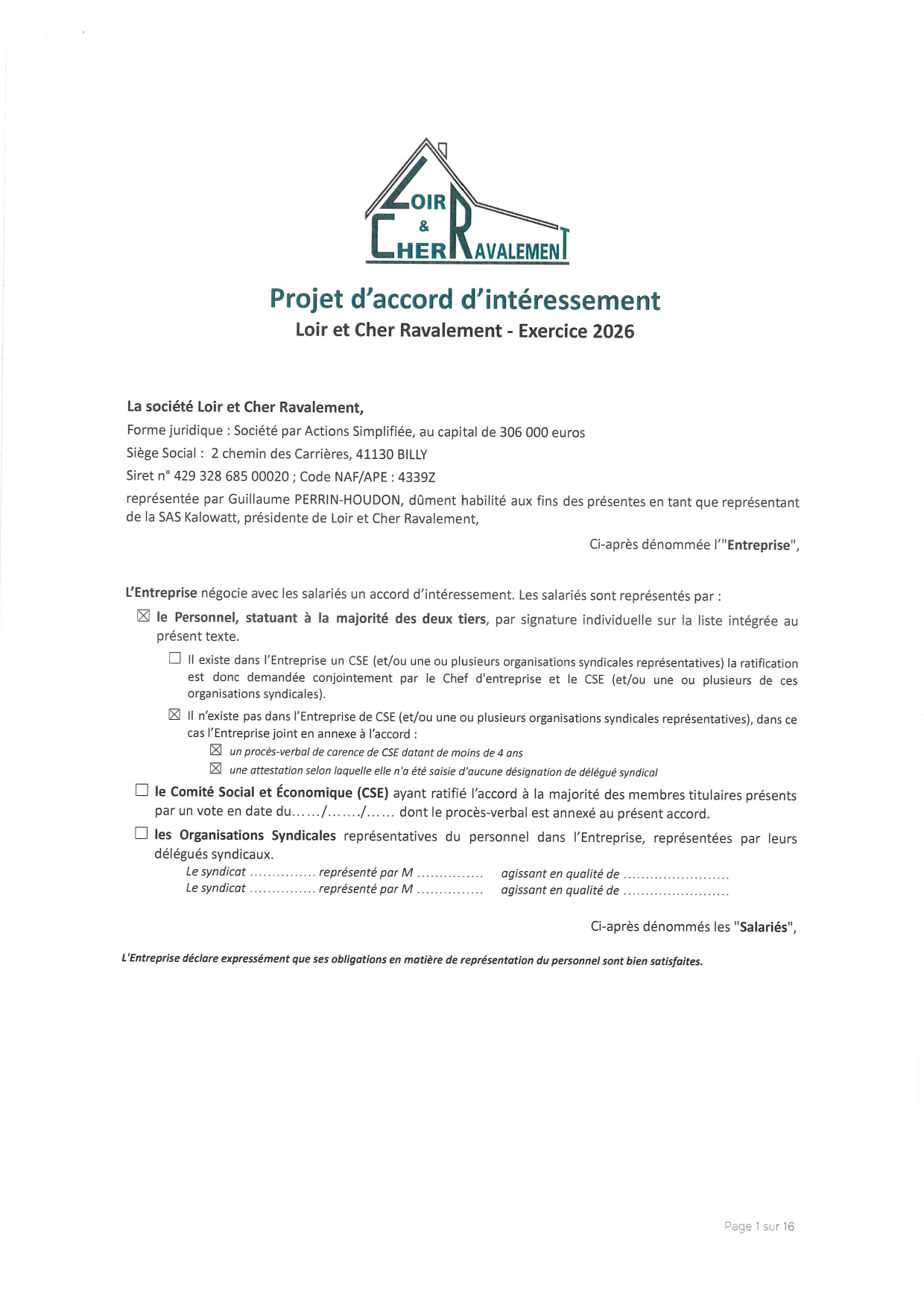 Page 1 de l'accord d'intéressement 2026
