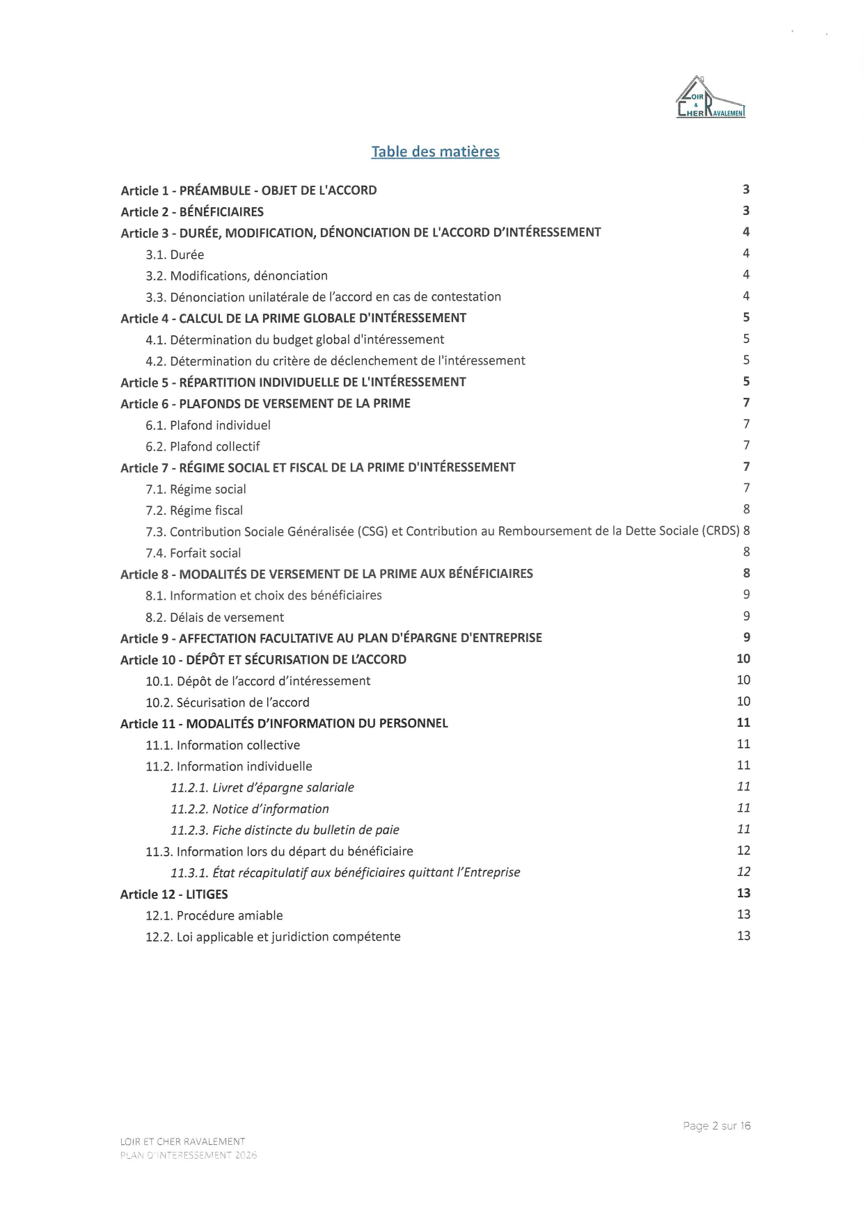 Page 2 de l'accord d'intéressement 2026