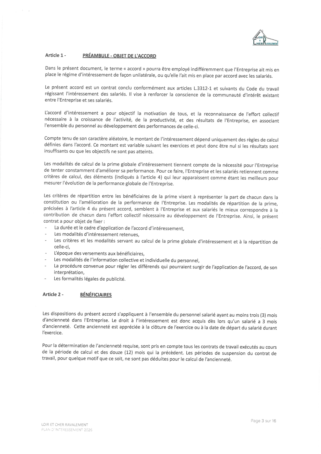 Page 3 de l'accord d'intéressement 2026