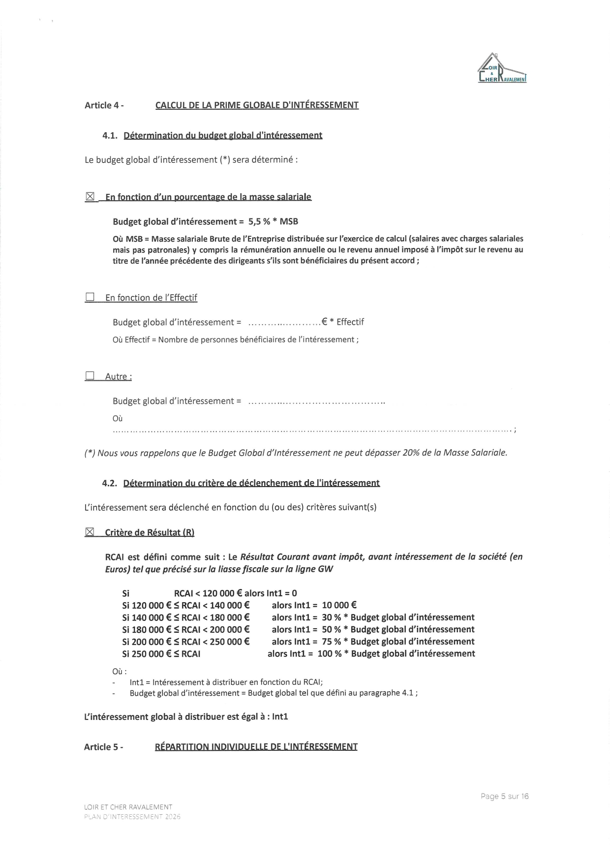 Page 5 de l'accord d'intéressement 2026