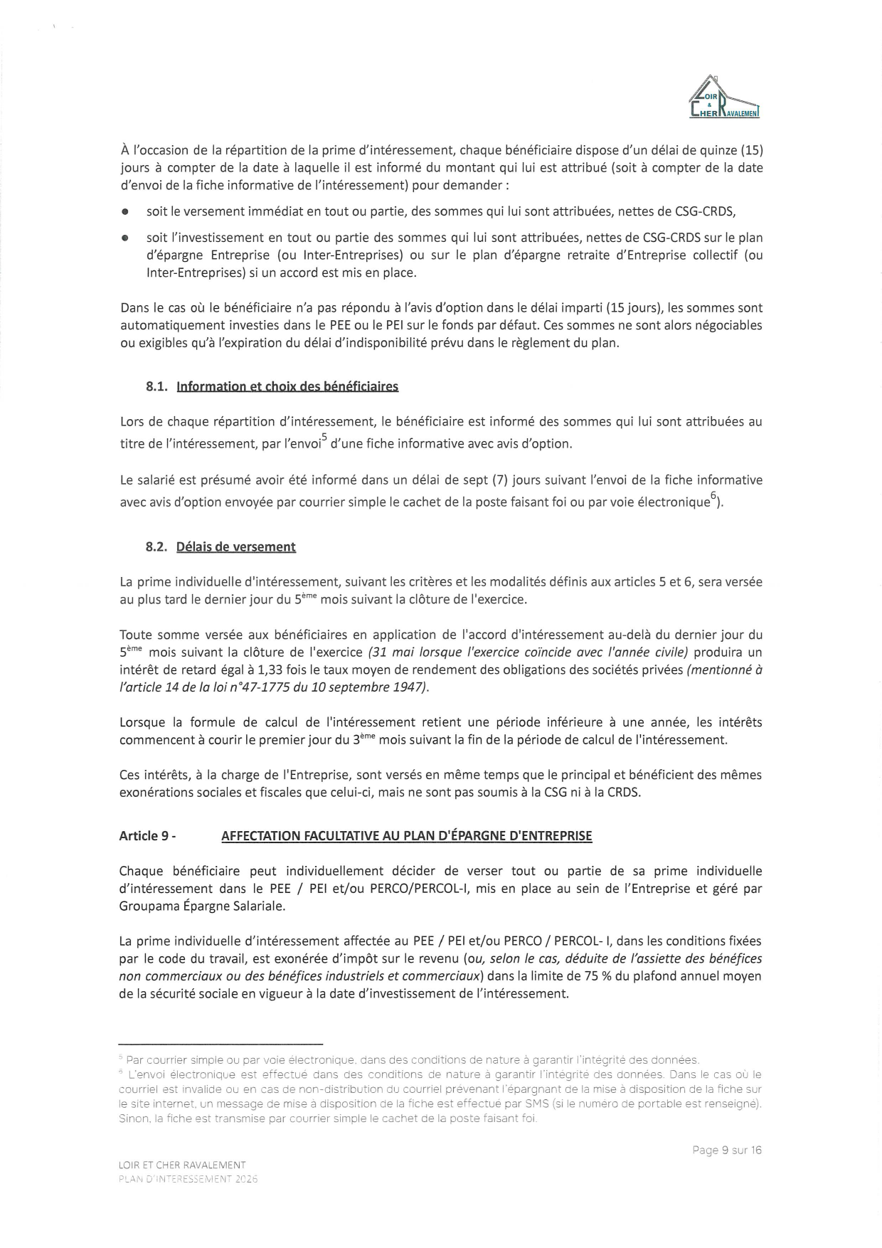 Page 9 de l'accord d'intéressement 2026