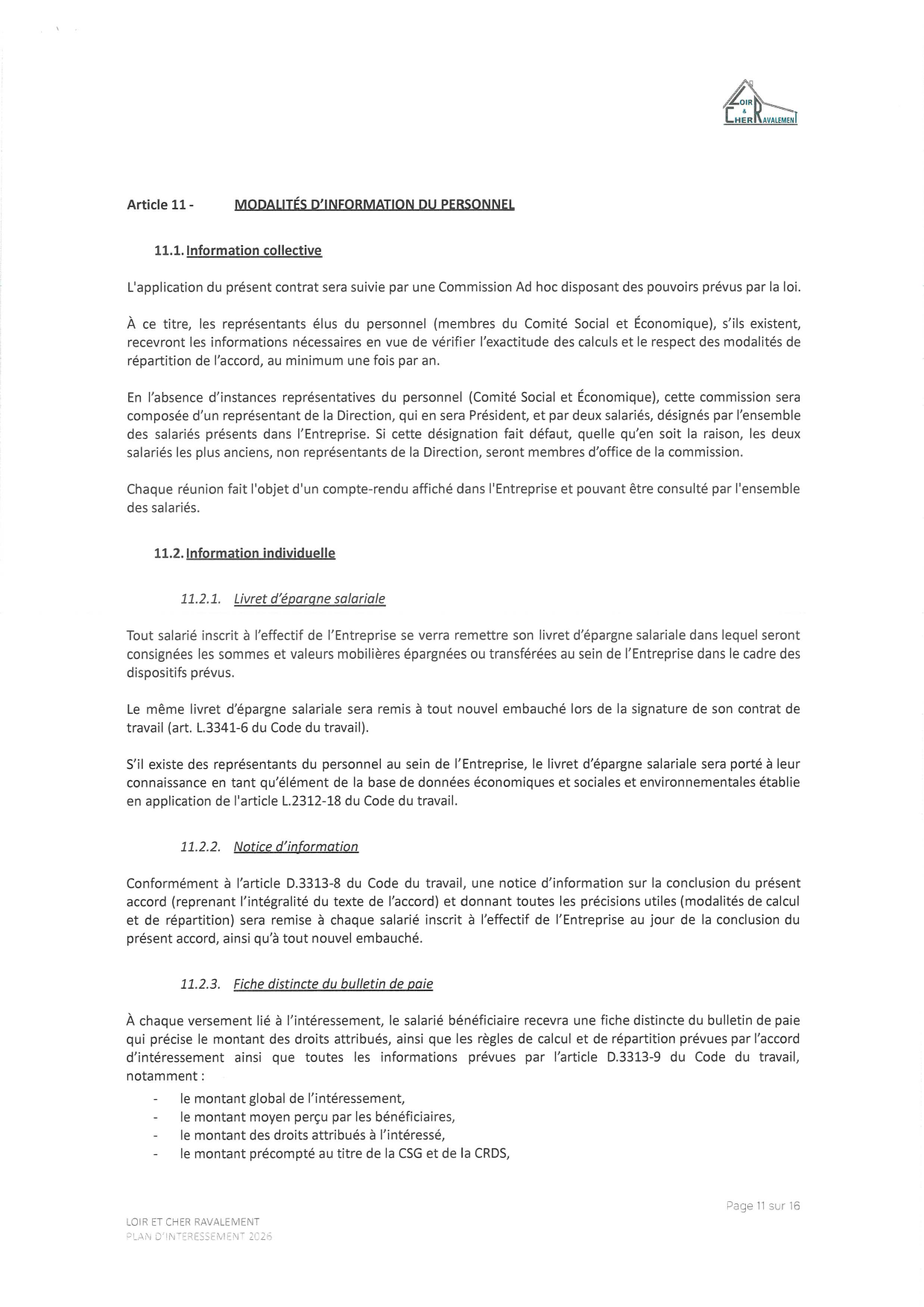 Page 11 de l'accord d'intéressement 2026