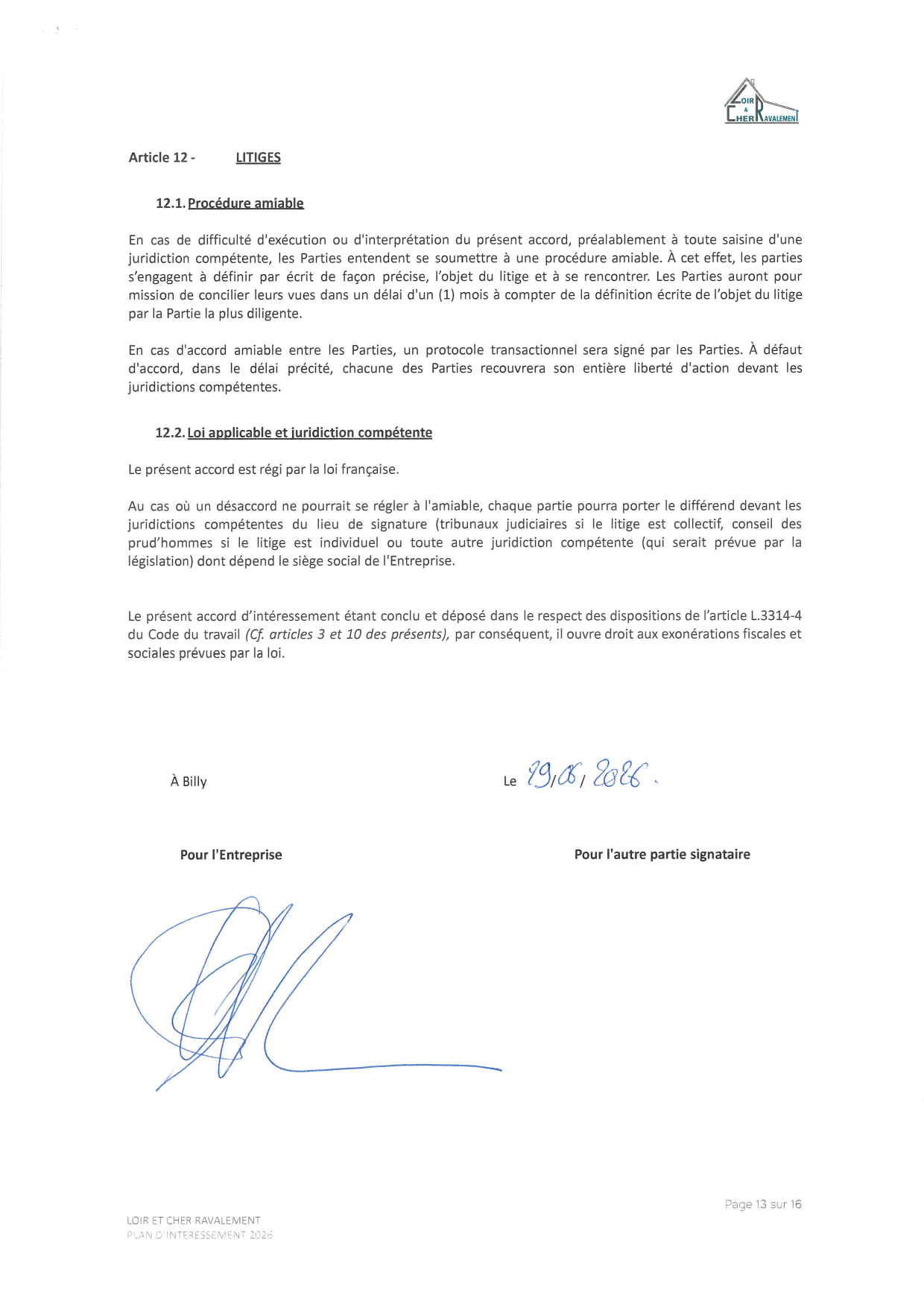 Page 13 de l'accord d'intéressement 2026