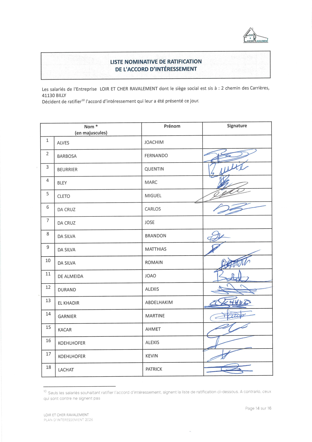 Page 14 de l'accord d'intéressement 2026